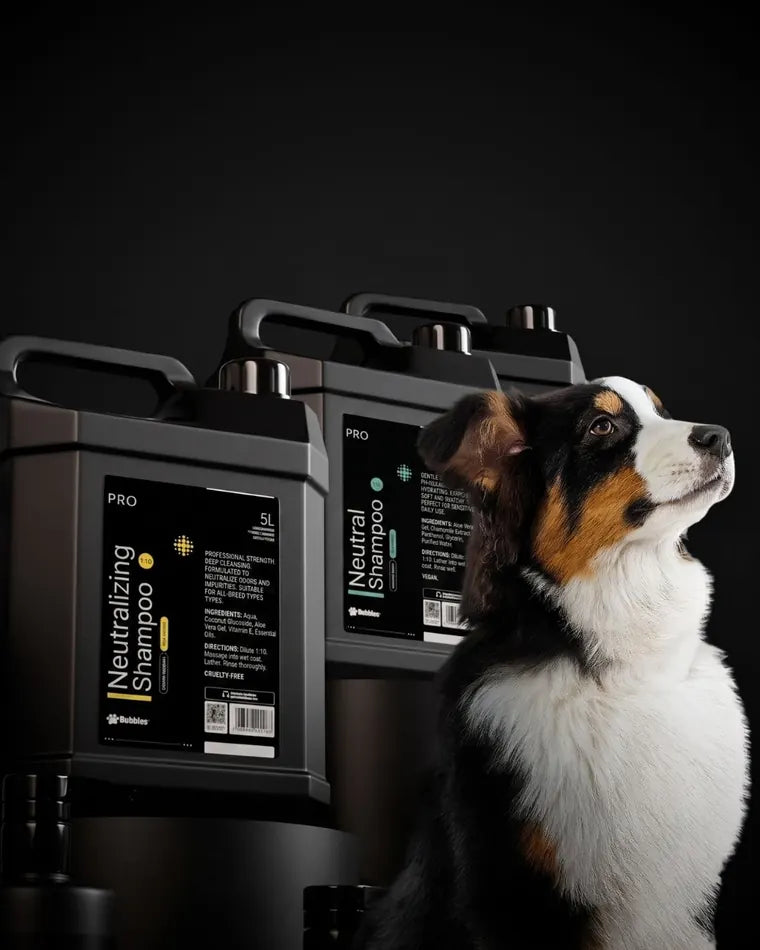 Bubbles PRO 5 L professional shampoos beside a groomed tricolour dog